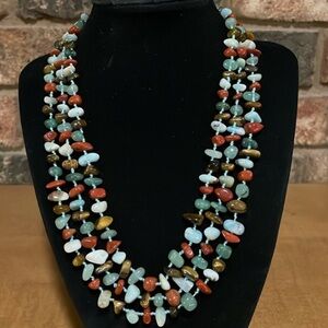 Vintage Natural Jade and Multi Gemstone 3 Strand Chip Bead Necklace